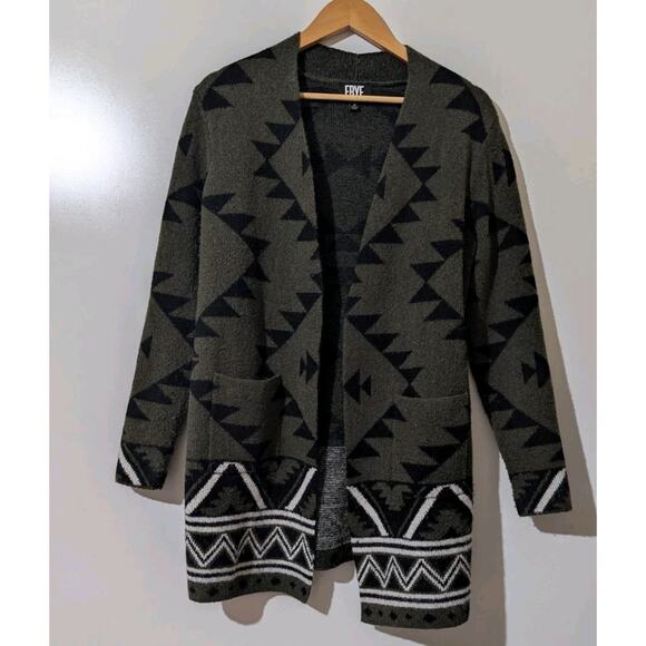 Frye Open Front Cardigan Sweater Womens Medium Aztec Southwestern Green Black Z - Picture 1 of 5